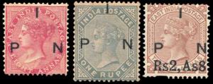 1883 Indian Postal Notes, Set of 3 QV stamps overprinted IPN, SG 79 / 82 & SG101 & SG 82 o