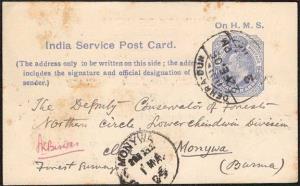 1905 KED VII Service Postcard – Dehradun to Monywa, Burma – Forest Survey, Survey of India