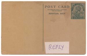 1935 KG V 9 p. X 9 p. Green on Buff, PV# PC45, Reply Card, light stain spots, Mint, Fine, 