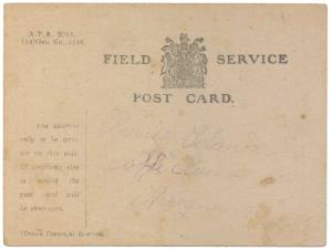 Field Service Post Card, addressed but not used, few stains and a fold.