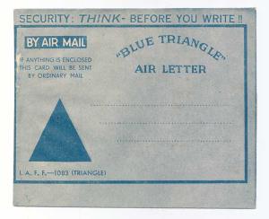 Blue Triangle Air Letter, with message 'Security : Think Before You Write ', Mint, Very Fi