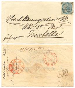 1860: Type 8, A cover with ½ a. EI stamp cancelled by No.238, rear CDS of Simla and delive