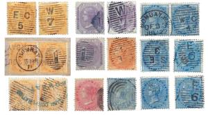 Bombay City Urban cancellation on 18 stamps, three pairs (2 on E.I. stamp 2 as. and 1 on ½