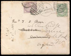 1866 QV 4 ½ a. tied by “M.A. (Mail Agent) R.S.MADRAS” duplex to England, redirected with G