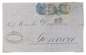 EI 8 p. and 1 a. Pair (1 missing) on EL from Calcutta to Genova per OVERLAND MAIL via Bomb