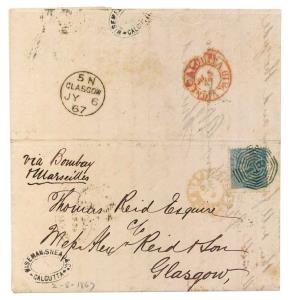 1867 Folded entire letter from Calcutta to Glasgow via Bombay and Marseilles, franked with