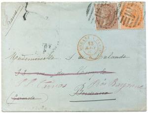 1883 EI Cover with 1 a. + 2 a. to France and internally redirected variously b/s including