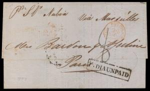 1857 Stamp less Entire cover to Paris per S V Nubia via Marseilles, “LANG LOIS & Co./ CALC