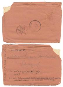 1885 Type 140. A Brown telegram cover with telegram, opening side corner damaged due to th