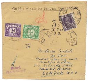1945 THE INDIAN MAIL. ’Underpaid Mail’ India to London incurring a payment of 2 ½ d. as Po