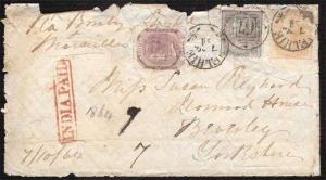1864 – 3 colour franking from Delhi to Yorkshire bearing SG 41, SG 46 and SG 53 paying the