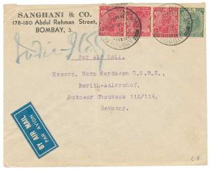 1937 Cover from Bombay to Germany, with KG V 3 a. & ½ a. tied with “SHROFF MAHAJAN / BOMBA