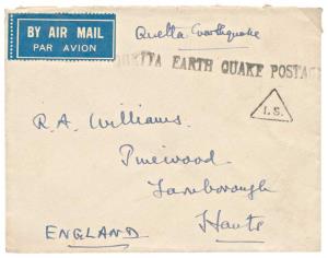 “Quetta Earth Quake Postage” cancellation in Black on Air Mail Cover to England.