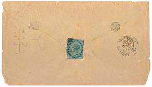 Cover from Bagdad to Bombay, franked at reverse with India QV ½ a. Blue Green (1), cancell