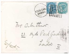 Aden 1885 (April 24th) envelope addressed to London, England ½ a. plus 4 a. Cancelled by a