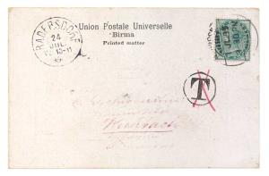 Coloured PPC depicting boats on Burmese Coast with 'UNION POSTALE UNIVERELLE, BIRMA' print