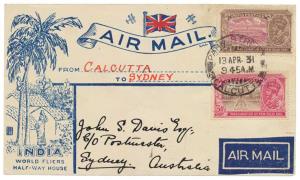 India 1931 Calcutta, Sydney, Australia Rare Flight Cover. Only 268 flown – clean and attra