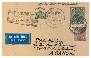 India 1933 Calcutta to Assansol (Rare) 1st AIR-MAIL flight King George VI 9pice card with 