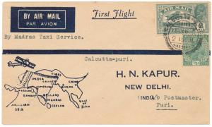 1934 Madras Taxi Service, Set of 4 covers, Puri – Calcutta & Calcutta - Puri, Madras – Gan