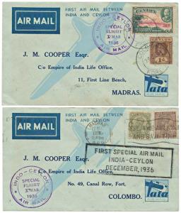 1936 First Air Mail flight India – Ceylon, Set of 4 Covers, 22/12/1936 First Special Air M