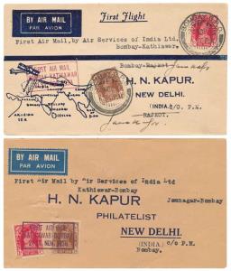 1938 First Flight by Air Services of India, Bombay – Kathiawar (2 covers) Bombay – Jamnaga