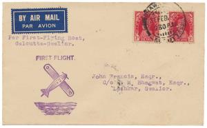 1938 1st Flying Boat Cover from Calcutta to Gwalior. Very Scarce route.