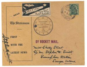 India Rocket mails Ship to Shore Night Firing Saug or Island 16.12.34. this was the first 