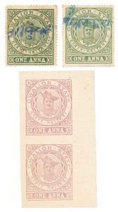 Maharaja Madho Rao Revenue Proof of 1a. in vertical pair and 2 used singles.