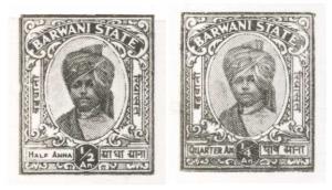 Rana Devi Singh Portrait, ¼ a. & ½ a. stamps Black Die Proofs on White Glazed Card, Fine, 