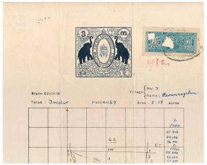 3 a. Stamp Paper with 8 a. Court-fee on a land document shows Elephant on 2 sides and Raja