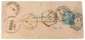 Jaipur - Imperial usage, Cover with EI ½ a. scarce T-21 cancel from Bombay to Jeypore via 