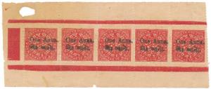 Soruth, 1a. on 4a. Red, SG 38a, marginal strip of 5 Surcharge in Indian Currency, Capital 