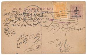 19313/8 Bhopal ON H. H. BEGUM”S SERVICE, Official Post Card, ½ a. on ¼ a. imprinted Violet