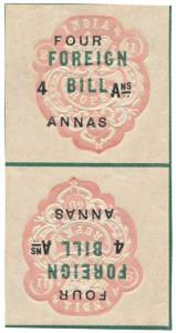 1904, Foreign Bill stamp, 4 a. overprinted on Re. 1/- , Rose, Tete – beche Pair, Hinged, F