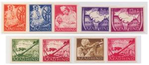 1943, Azad Hind Set of 9 Stamps, Imperf, MNH, White Gum, Fine.