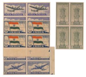 1947- 48 Independence & Inauguration of India UK Air Service, Set of 4 stamps, Block of 4,