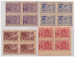 1950 Inauguration of Republic of India, Set of 4 stamps, SG 329/32, Block of 4, Toned, Min