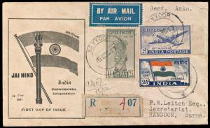 1947, India Independence Registered Private FDC to Rangoon, Burma from Neyyoor, additional