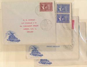 1949, UPU, Set of 4 covers / 9 p. Strip of 3 stamps / 2a. Single stamp / 3 ½ a. Vertical P