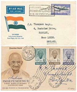 Lot of 15 FDC, 1948 – 1956, Air India International, Gandhi 3 values, UPU, Republic, Geolo