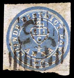 India 1852 ½ a. Scinde Dawk, Blue used with “96” numeral cancel of Hyderabad in diamond of