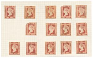 14 copies of early (19th century) forgeries of the 1a. Lithograph stamps in Red, Rare asse