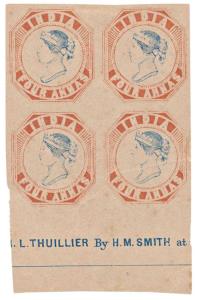 Reprint of the 1854 Narrow setting 4 a. Red & Blue bottom marginal block of 4 with sheet i