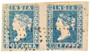 1854 Die I ½ a. Pale Blue horizontal pair with good to large margins all around cancelled 