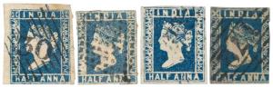 1854 ½ a. Blue (shades) 4 used copies not checked for dies / cancels.