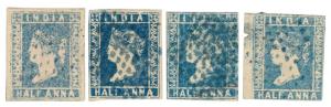 1854 ½ a. Blue (shades) 4 used copies not checked for dies / cancels.