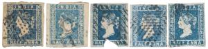 1854 ½ a. Blue (shades) 5 used copies not checked for dies / cancels.