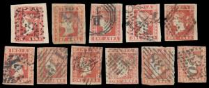 1854 1 a. Red - 11 used stamps unchecked for dies / cancels.