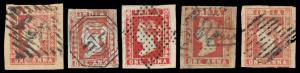 1854 1 a. Red - 5 used stamps all 4 margined copies, unchecked for dies / cancels.
