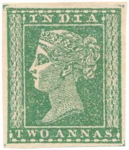1854 2 a. Green mint without gum as issued. SG 31 with margins all around.
